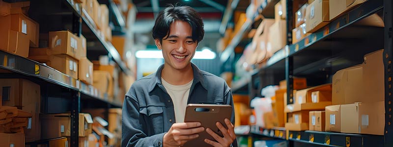 Smiling boy with a tablet in his hand in a warehouse